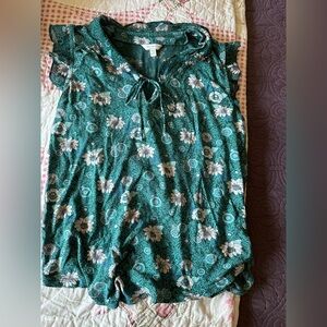 Lucky Brand Flowy Floral Green Ruffle Sleeve Blouse S/M